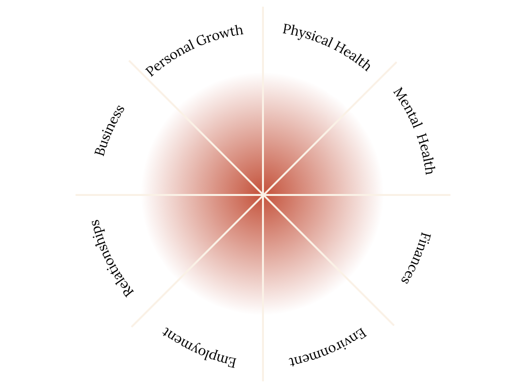 Wheel of Life graphic divided into eight segments, each labeled with a category: Physical Health, Mental Health, Finances, Environment, Employment, Relationships, Business, and Personal Growth.