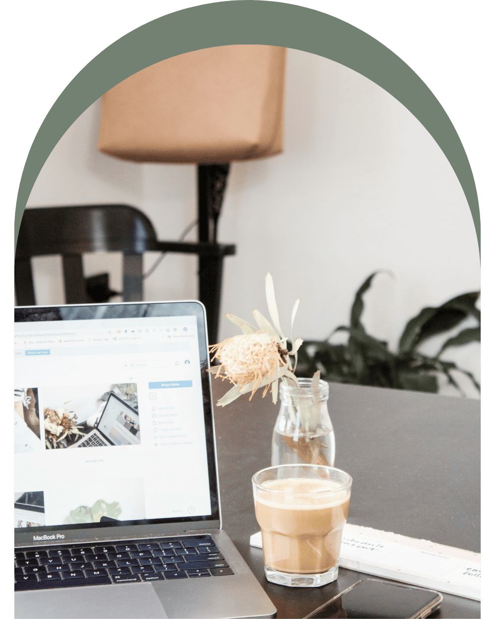 Laptop with a collage of images, coffee, phone, and flowers, representing The Tutor's personalized training