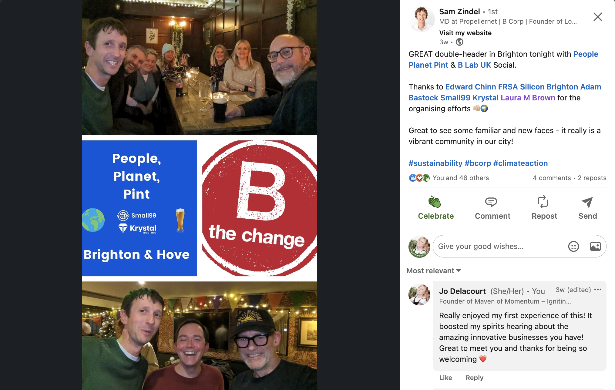 Screenshot of LinkedIn post about People Planet Pint and B Lab UK Social event in Brighton