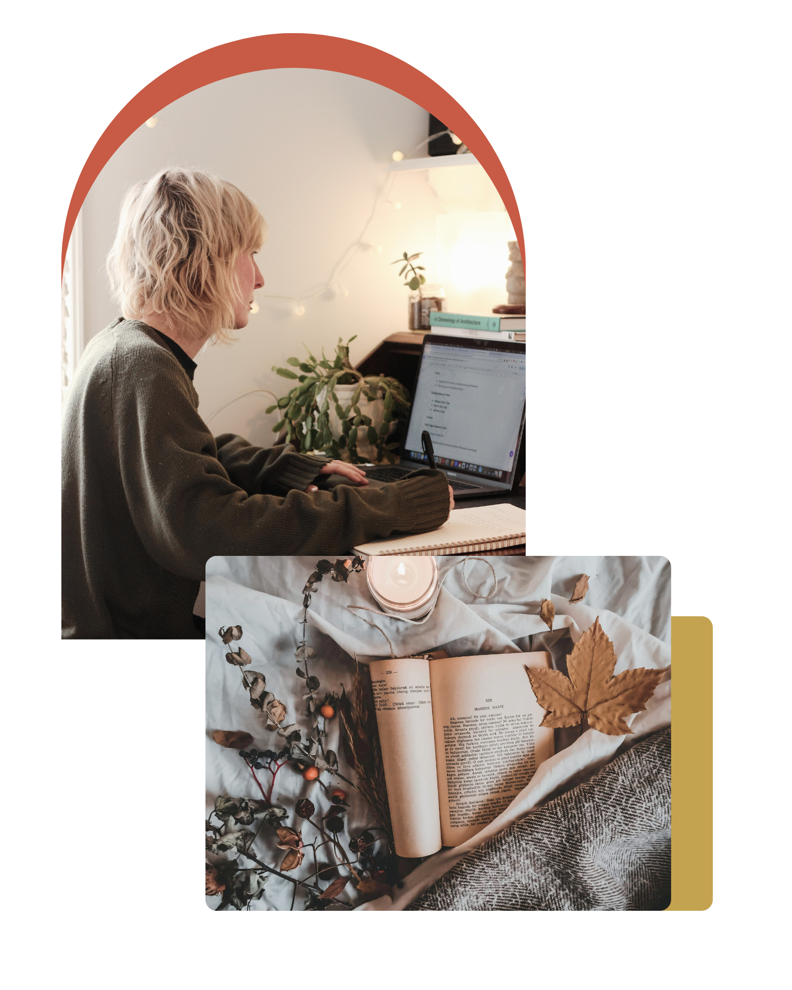 Collage: Jo Delacourt working at her desk (top left) and a cozy book setting with a candle (bottom right).